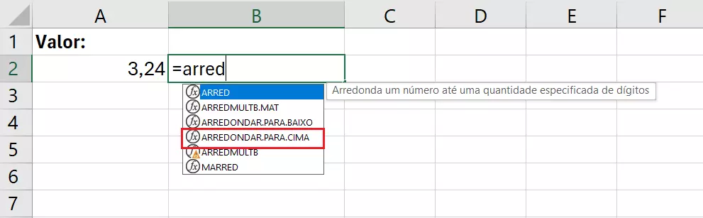 Planilha Excel exibe opções de arredondamento que incluem arredondar para cima