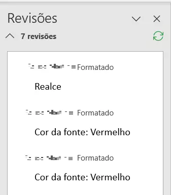 Painel de Revisão do controle de alterações do Word