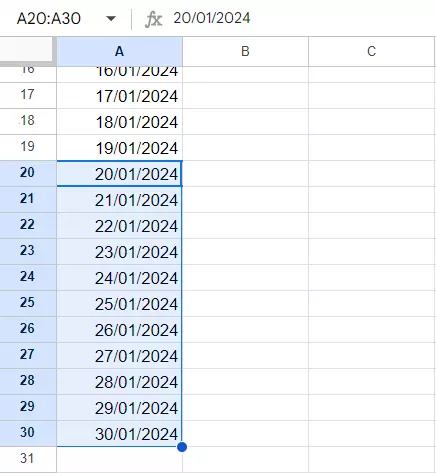 Planilha do Google preenche células com datas em ordem crescente, como em um calendário