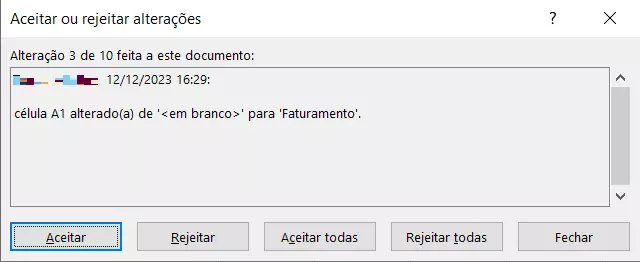 Janela para aceitar ou rejeitar alterações em planilhas do Excel