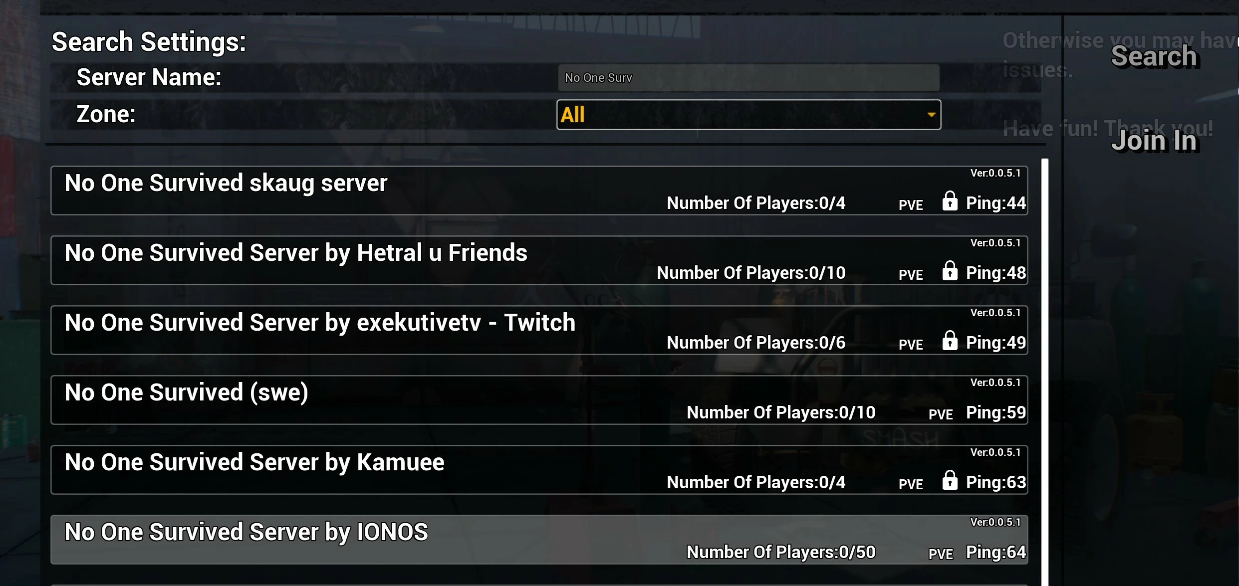 Captura de tela da busca por servidores No One Survived