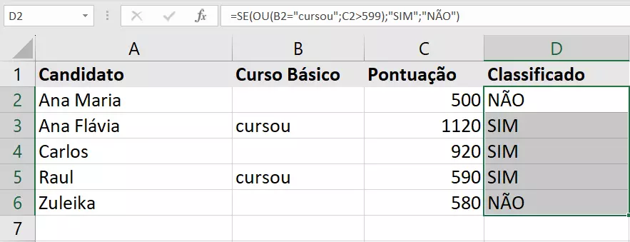 Função SE OU do Excel aplicada a todas as células de uma coluna