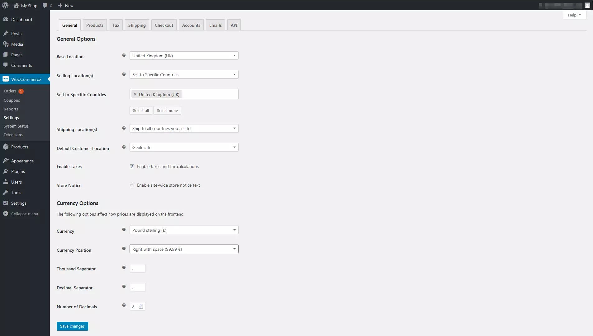 Configurações gerais do plugin WooCommerce