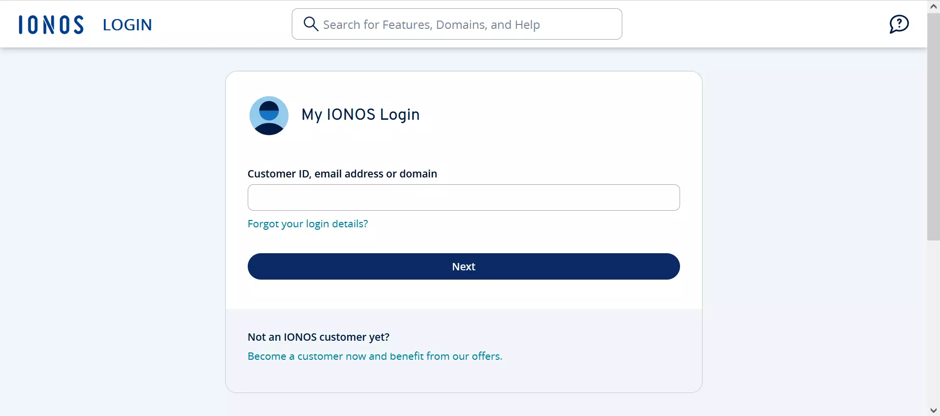 Captura de tela da página de login da IONOS