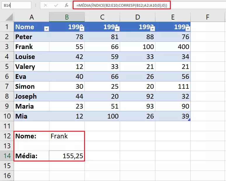 Combinação da função ÍNDICE, CORRESP e MÉDIA no Excel