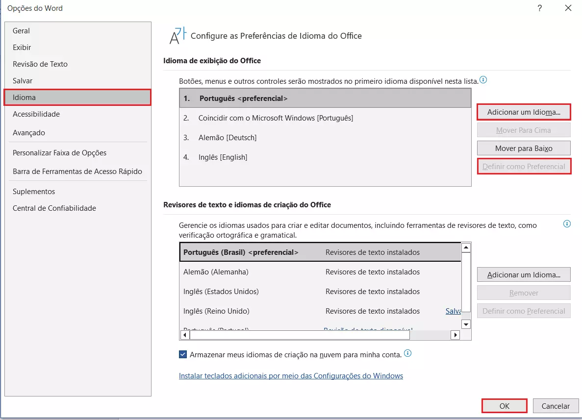 Configurações e preferências de idiomas no Word