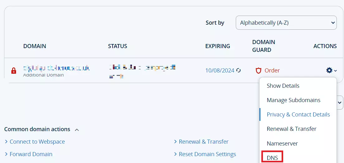 Lista de domínios na conta de usuário IONOS