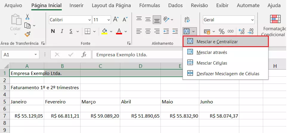 Recurso Mesclar e Centralizar no Excel