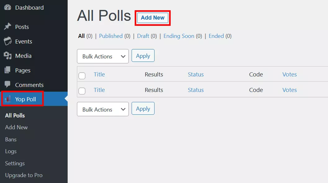 Painel do YOP Poll no WordPress