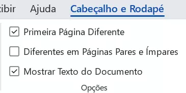 Item de menu do Word “Primeira Página Diferente”