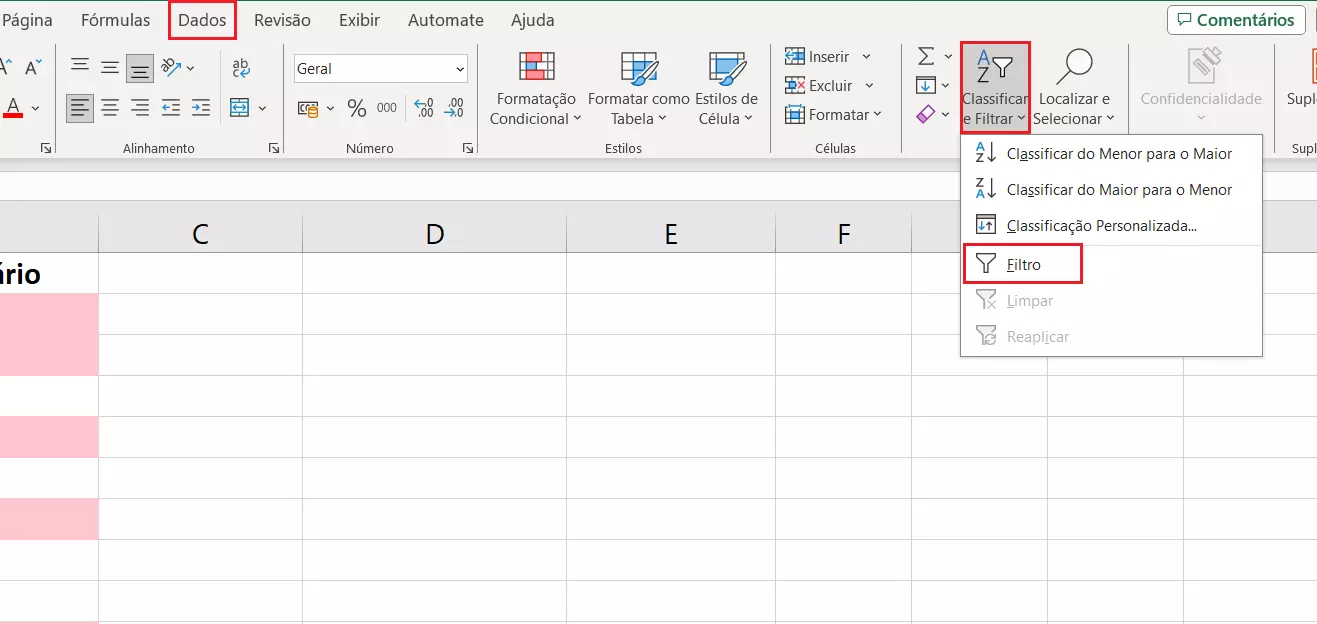 Função de filtro no Excel