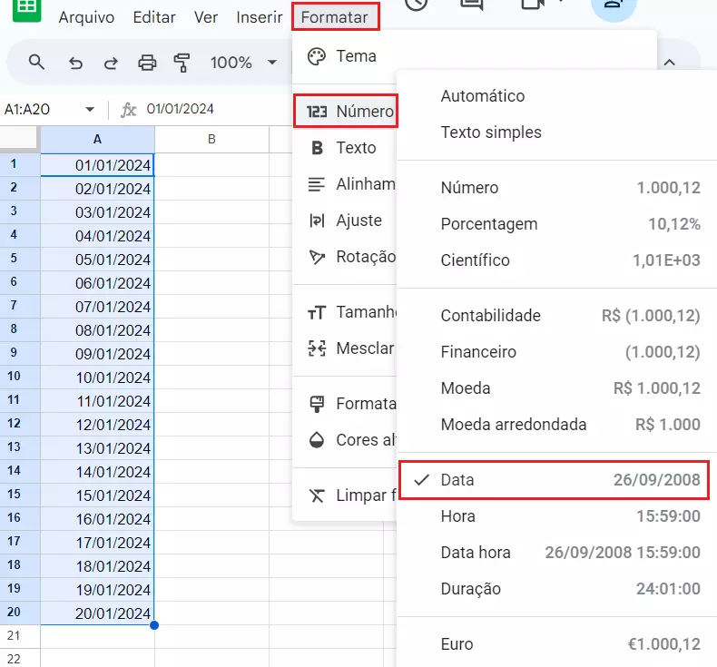 Recurso do Google Sheets formata datas automaticamente, adotando o padrão brasileiro dia/mês/ano