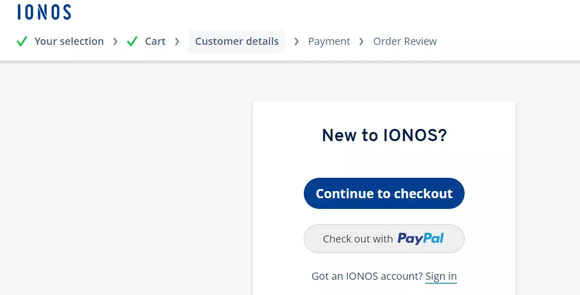 Processo de checkout para registrar domínio com a IONOS