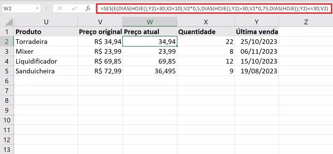 Função SES do Excel aplicada a uma planilha