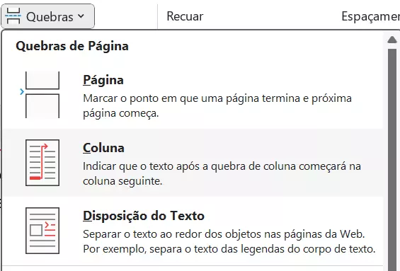 Opção de quebra de página no Word