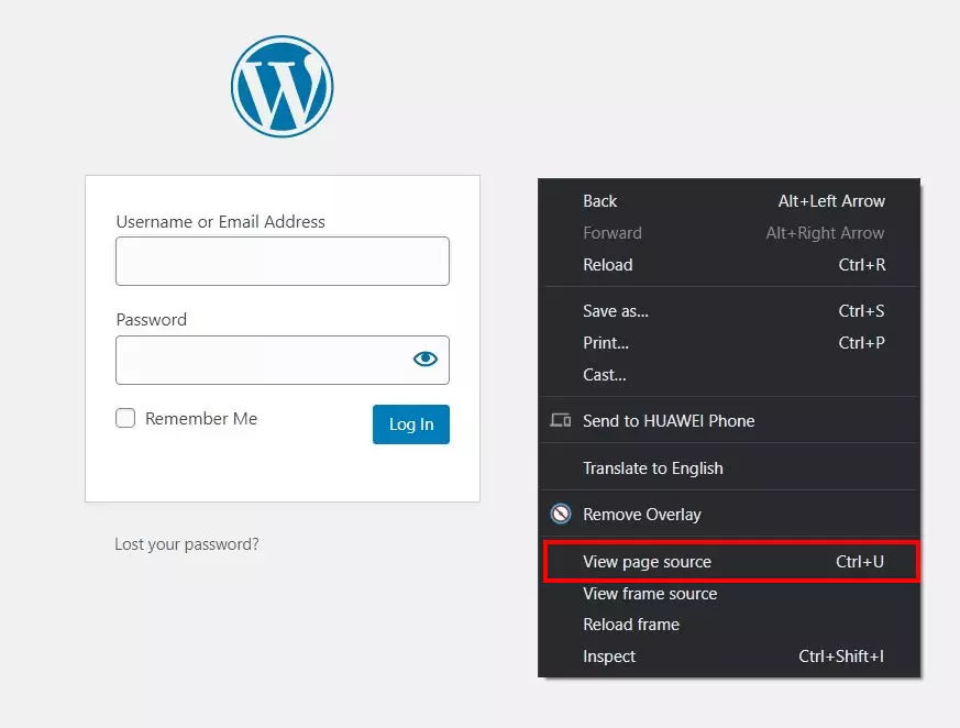 Tela de login do WordPress: exibir código-fonte da página