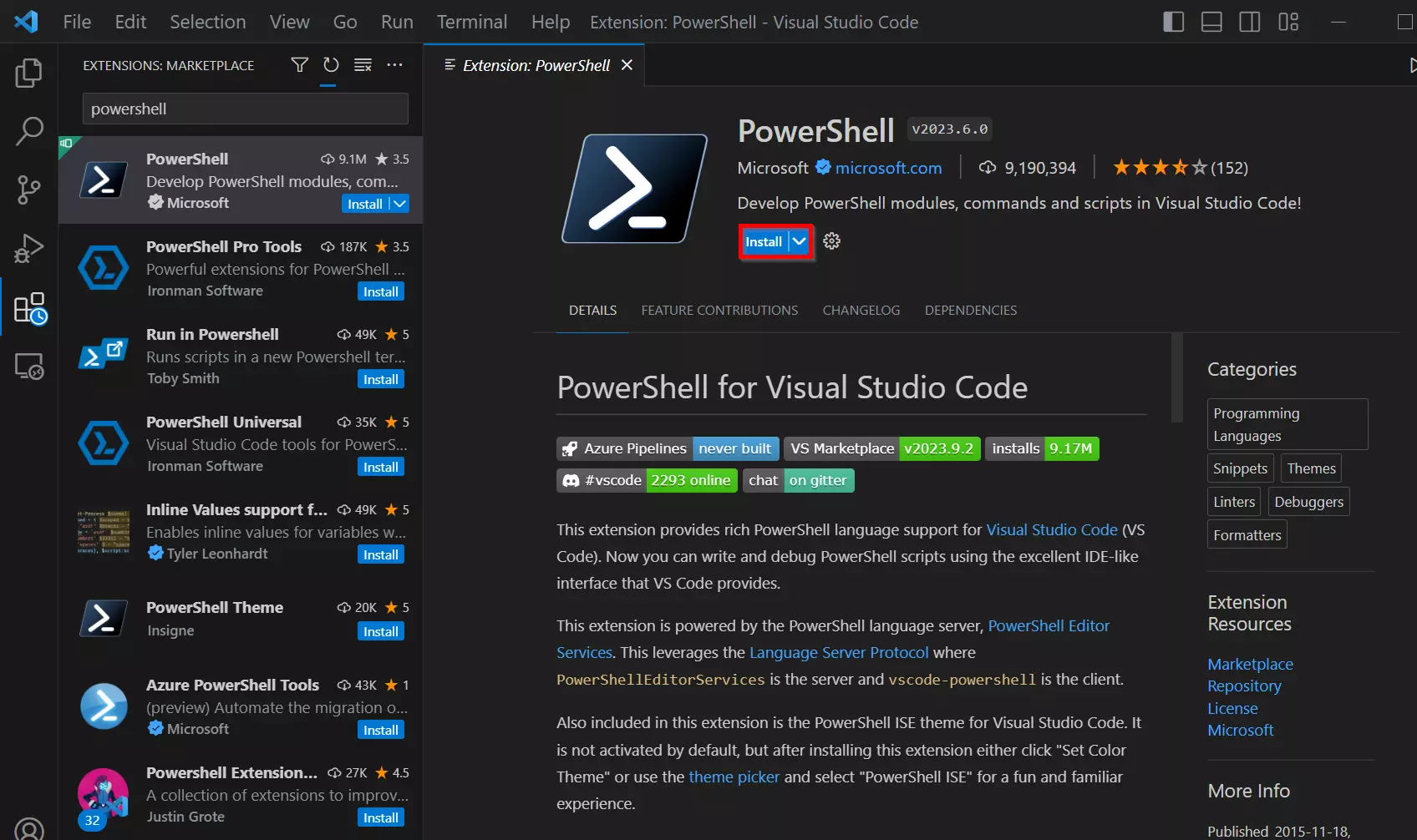 Extensão PowerShell da Microsoft para o Visual Studio Code