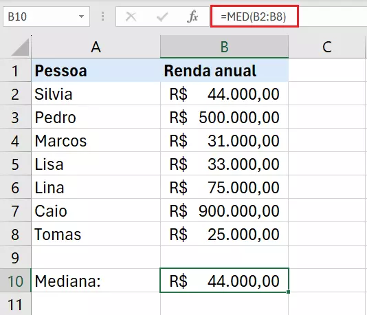 Planilha Excel calcula mediana em conjunto com quantidade ímpar de elementos