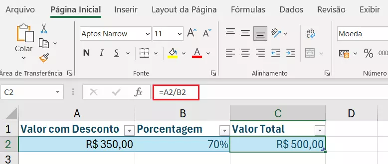 Calcule o valor total usando proporções e porcentagens no Excel