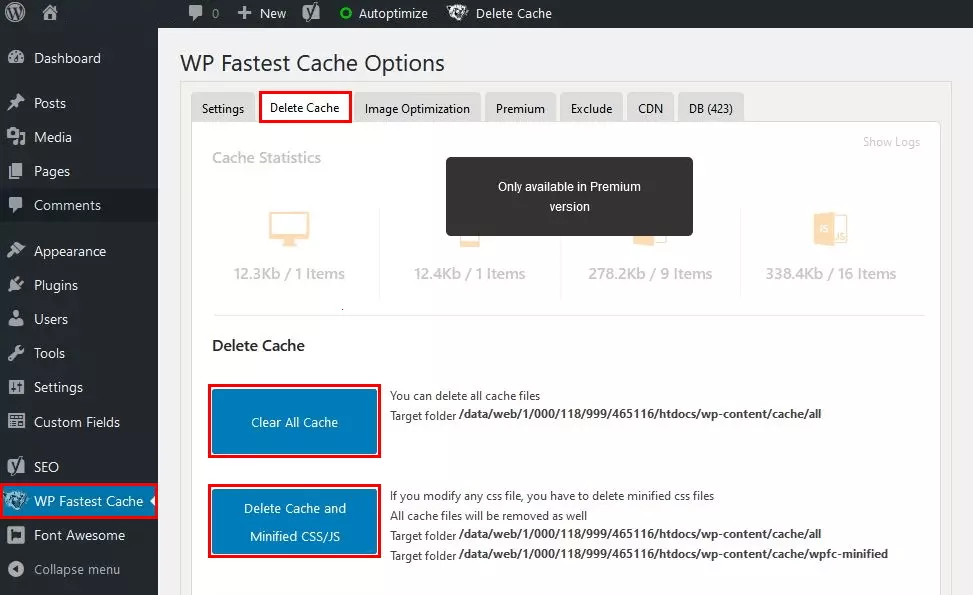 WP Fastest Cache: botão para limpar o cache no Wordpress nas opções do plugin