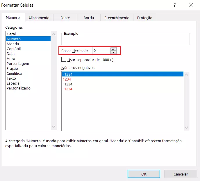 Janela do Excel que permite a configuração da formatação de uma célula e a delimitação do número de casas decimais