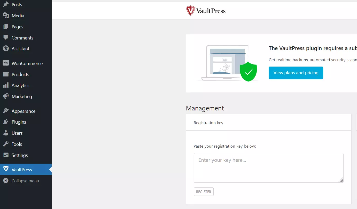 VaultPress no back-end do WordPress