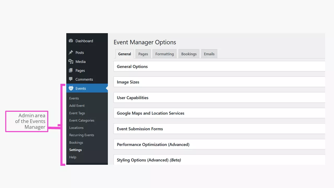 Calendário Event Manager no back-end do WordPress