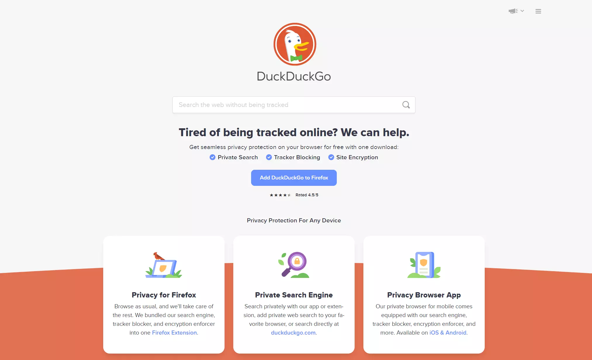 Captura de tela da página inicial do DuckDuckGo