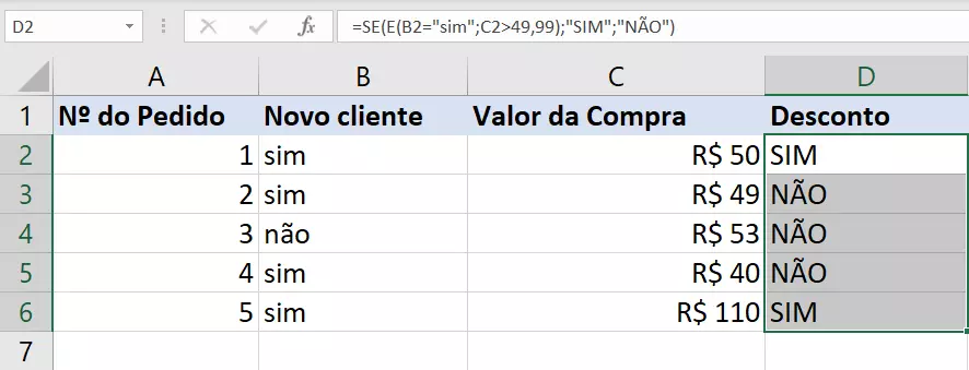 Função SE E do Excel em uso