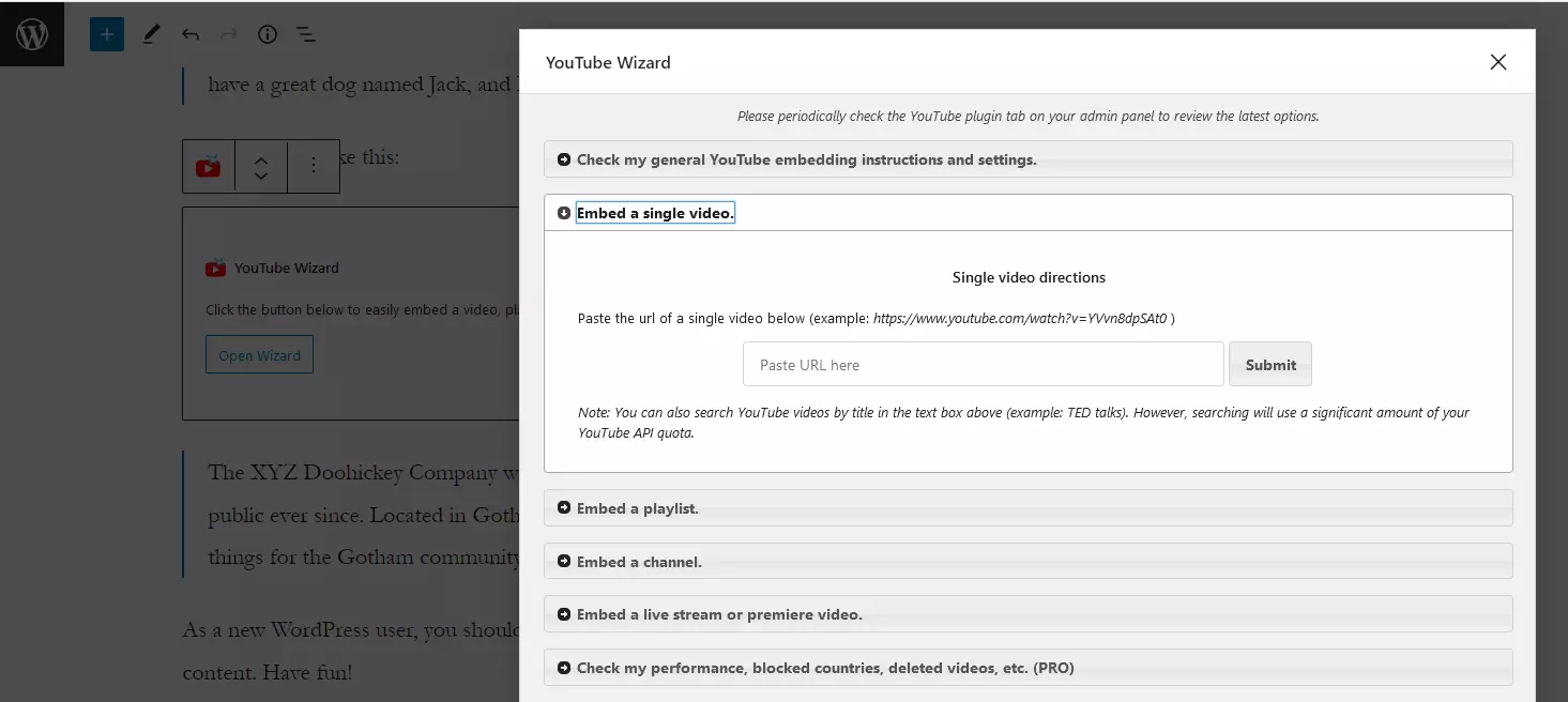 YouTube Wizard no editor WordPress