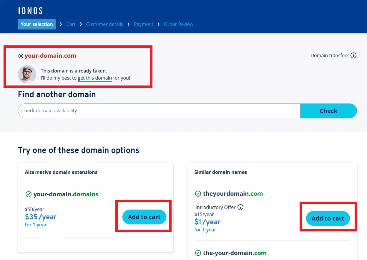 Domain Finder da IONOS: sugestões alternativas para domínios já registrados