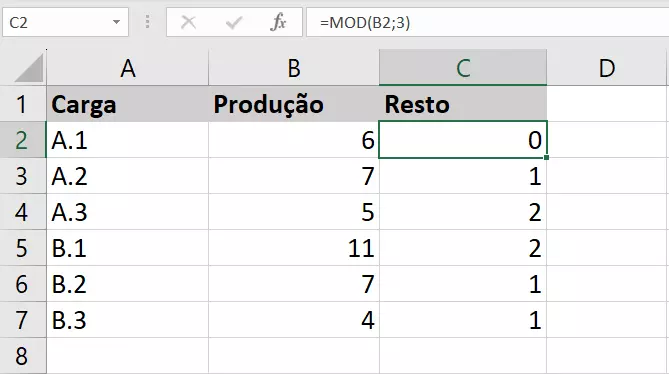 Resto de divisão com Excel MOD