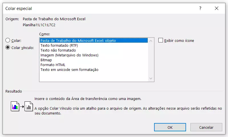 Colar vínculo para converter Excel em Word