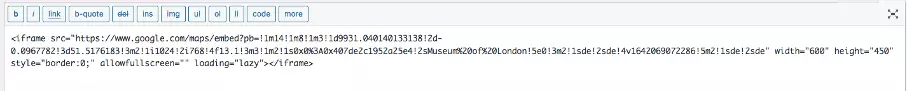 Captura de tela do embed code no editor do WordPress
