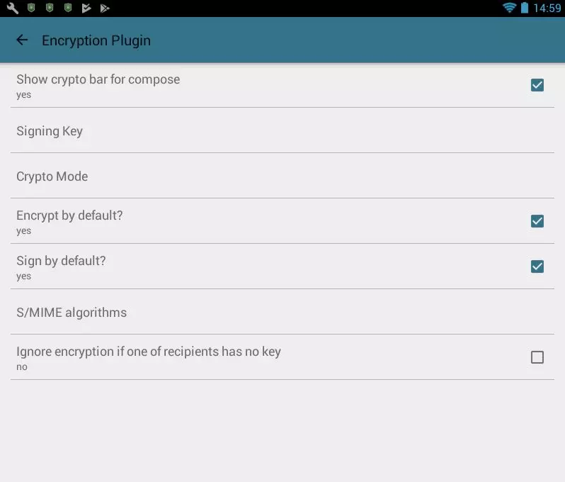 MailDroid: configurações de criptografia