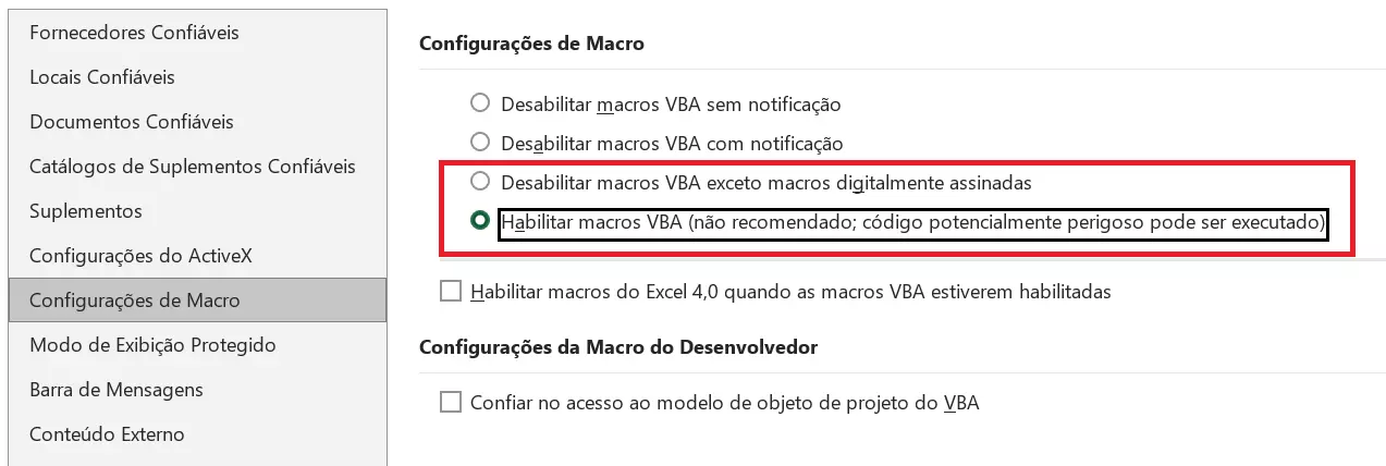 Configurações de macro na Central de Confiabilidade do Excel