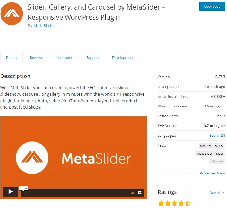 Captura de tela do plugin de slider WordPress MetaSlider