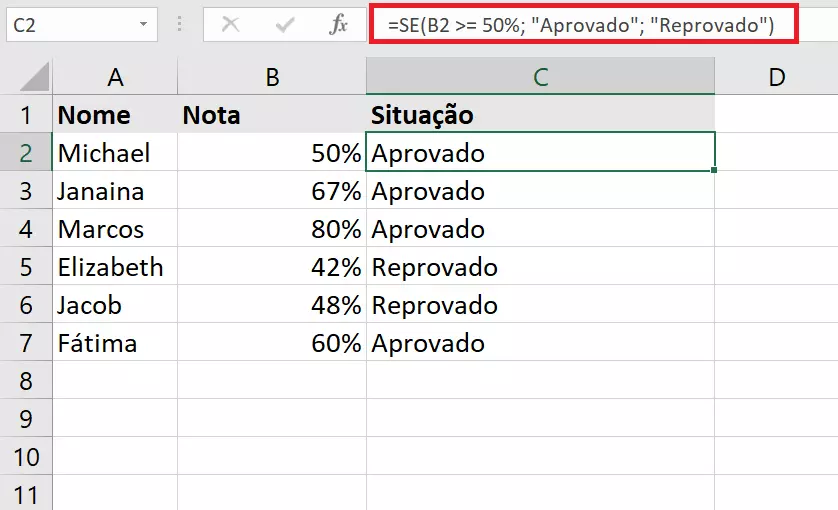 Alunos classificados como aprovados ou reprovados por SE do Excel