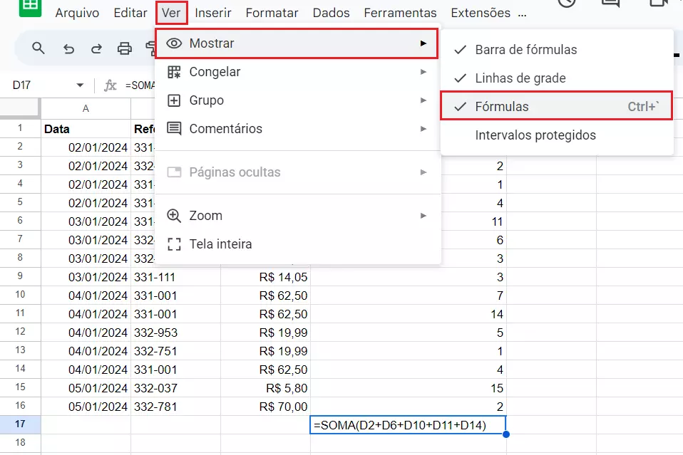 Captura de tela de planilha do Google configurada para exibir suas fórmulas