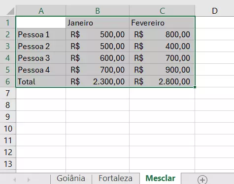 Planilha Excel exibe o resultado dos dados mesclados em uma nova planilha