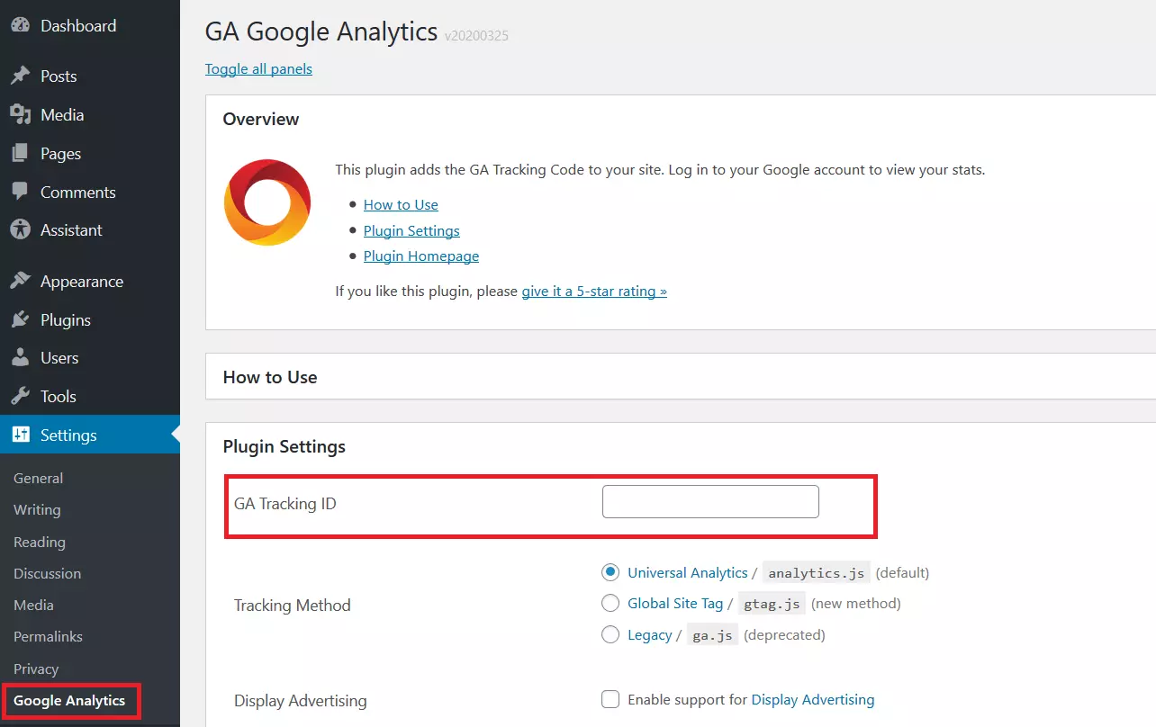 Configurações do plugin GA Google Analytics