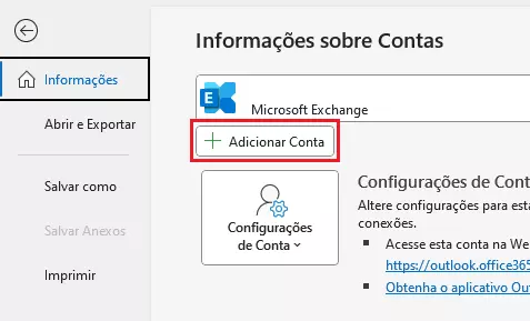 Botão de adicionar conta do Microsoft Outlook