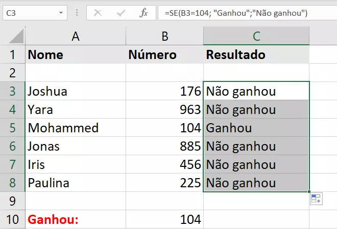 Função SE do Excel com valores de retorno definidos