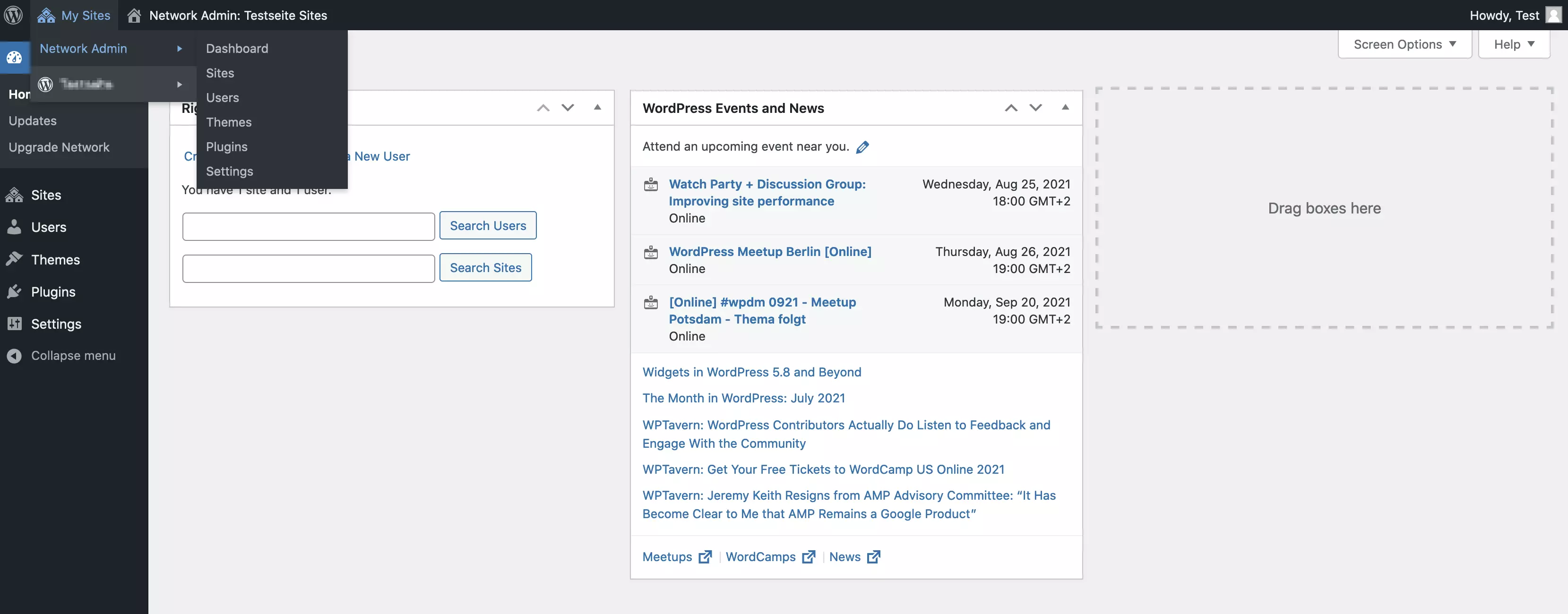 Painel da rede de sites no back-end WordPress