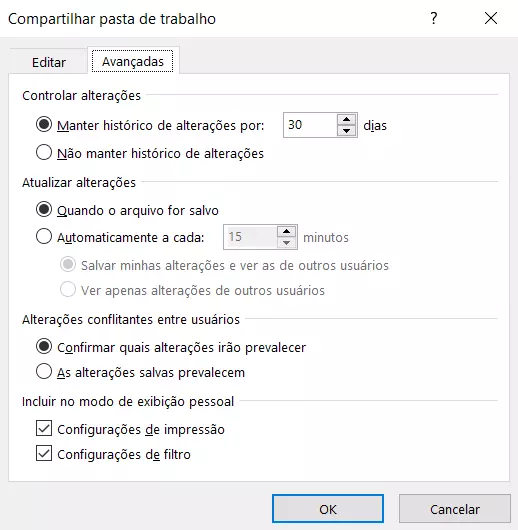 Configurações do recurso Compartilhar Pasta de Trabalho do Excel