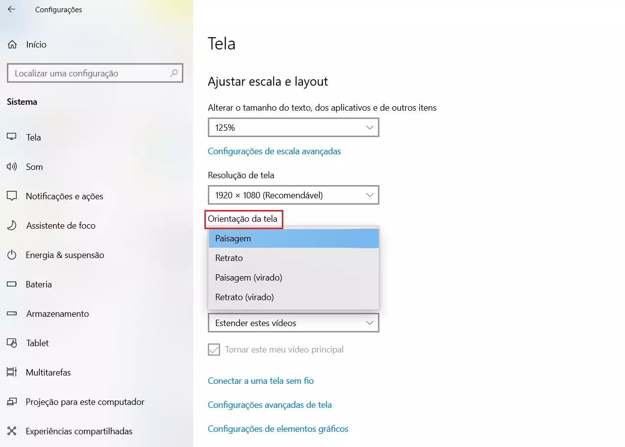 Captura de tela da configuração do Windows 11 que permite ajustar a orientação das telas