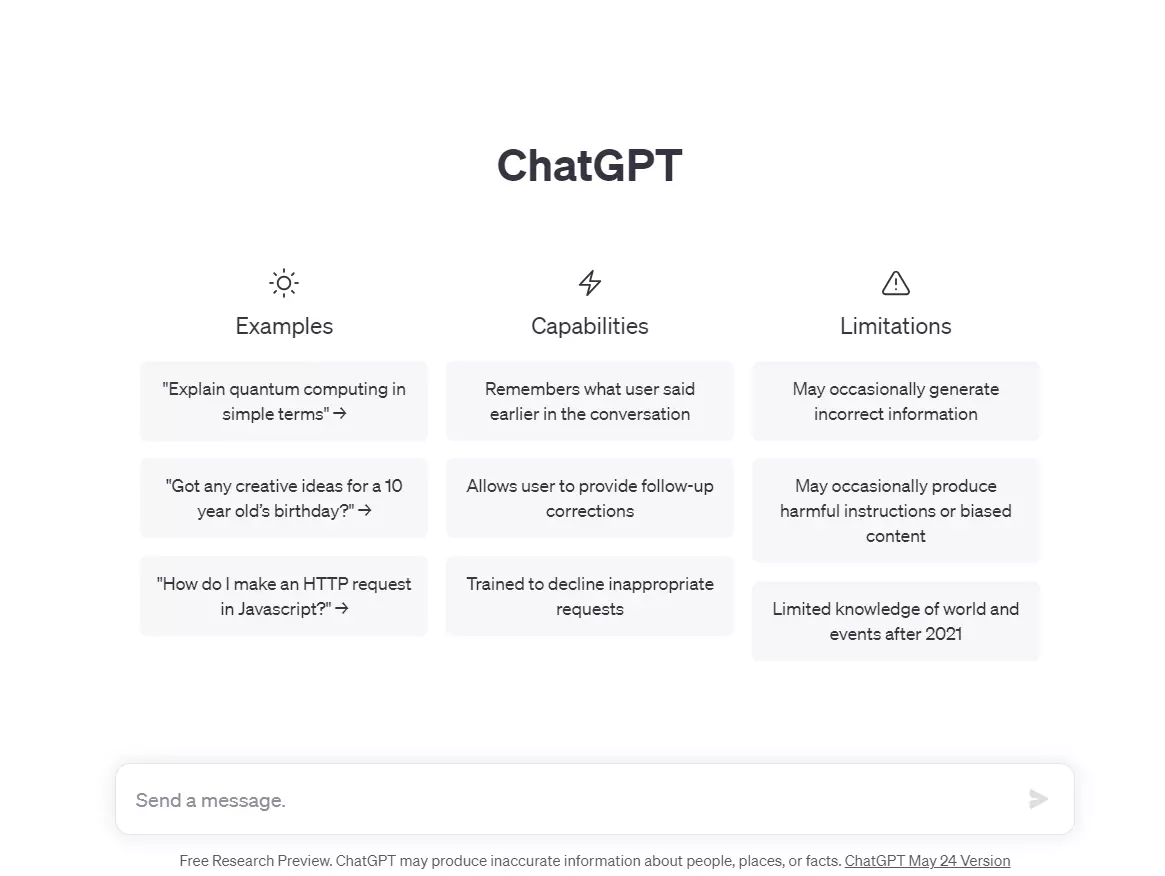 Captura de tela da interface do usuário do gerador de texto IA ChatGPT