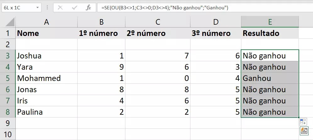 Símbolo diferente do Excel combinado às funções SE e OU