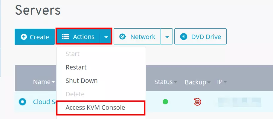 Inicie o console KVM na sua conta da IONOS