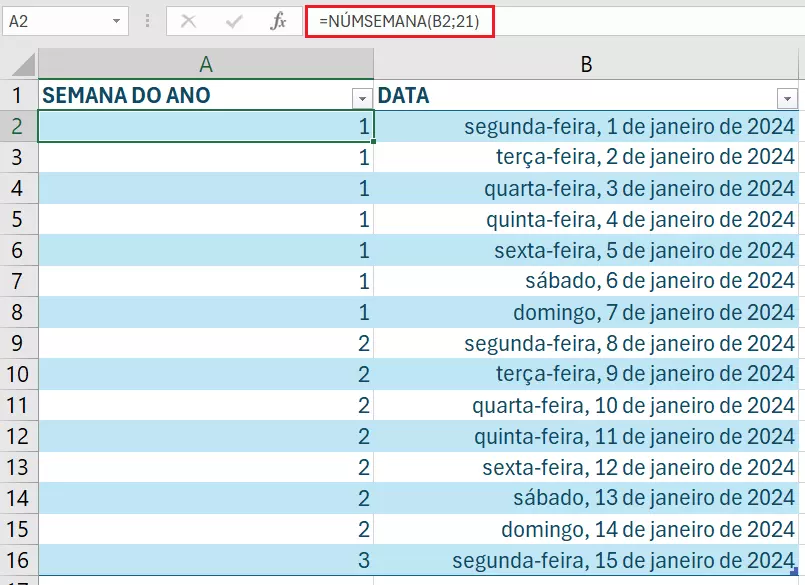 Aplicação da fórmula NUMSEMANA em planilha do Excel